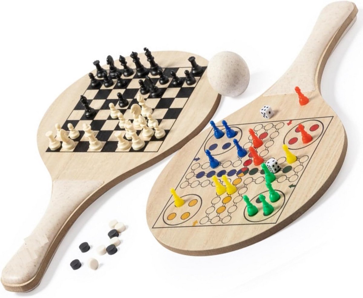 Duurzame Beach Tennis Set met Bordspellen Hout en Tarwestro