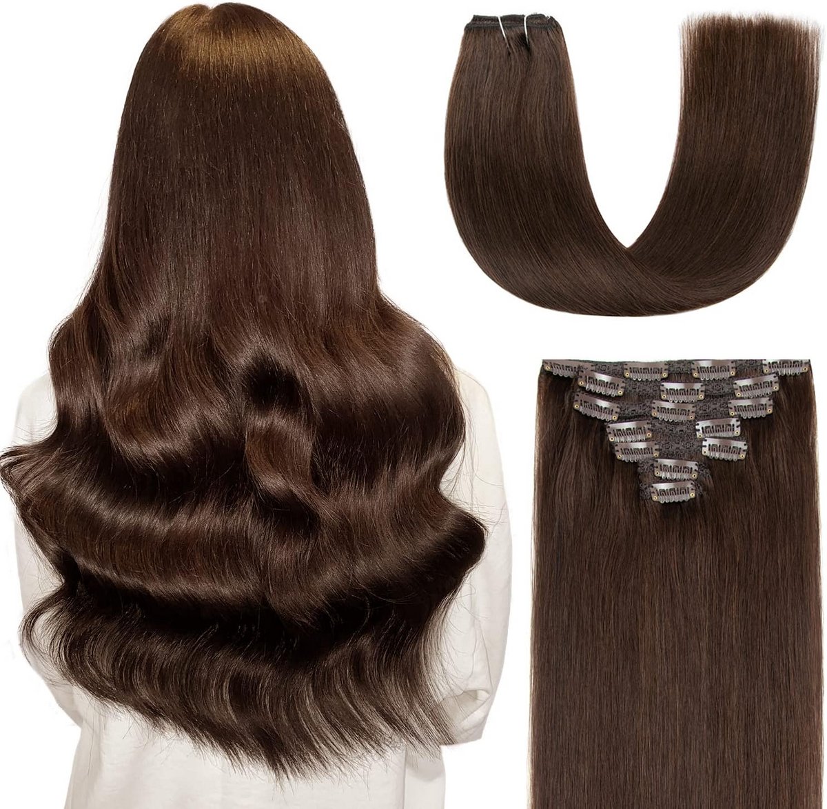 Clip-in Haarverlenging 100% Echt Haar 45 cm Donkerbruin 7 Delen 120g