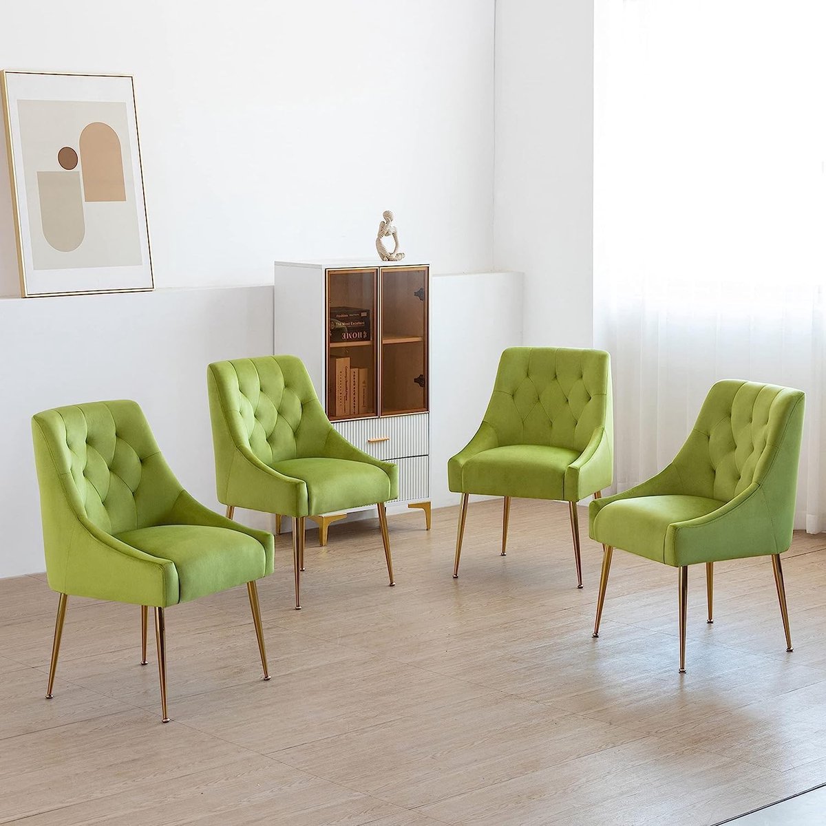 Eetkamerstoelen Set van 6 – Fluweel Moderne Keukenstoelen met Metalen Poot – Ergonomisch Comfortabel – 54 x 54 x 52 cm – Geelgroen – Abkantoor