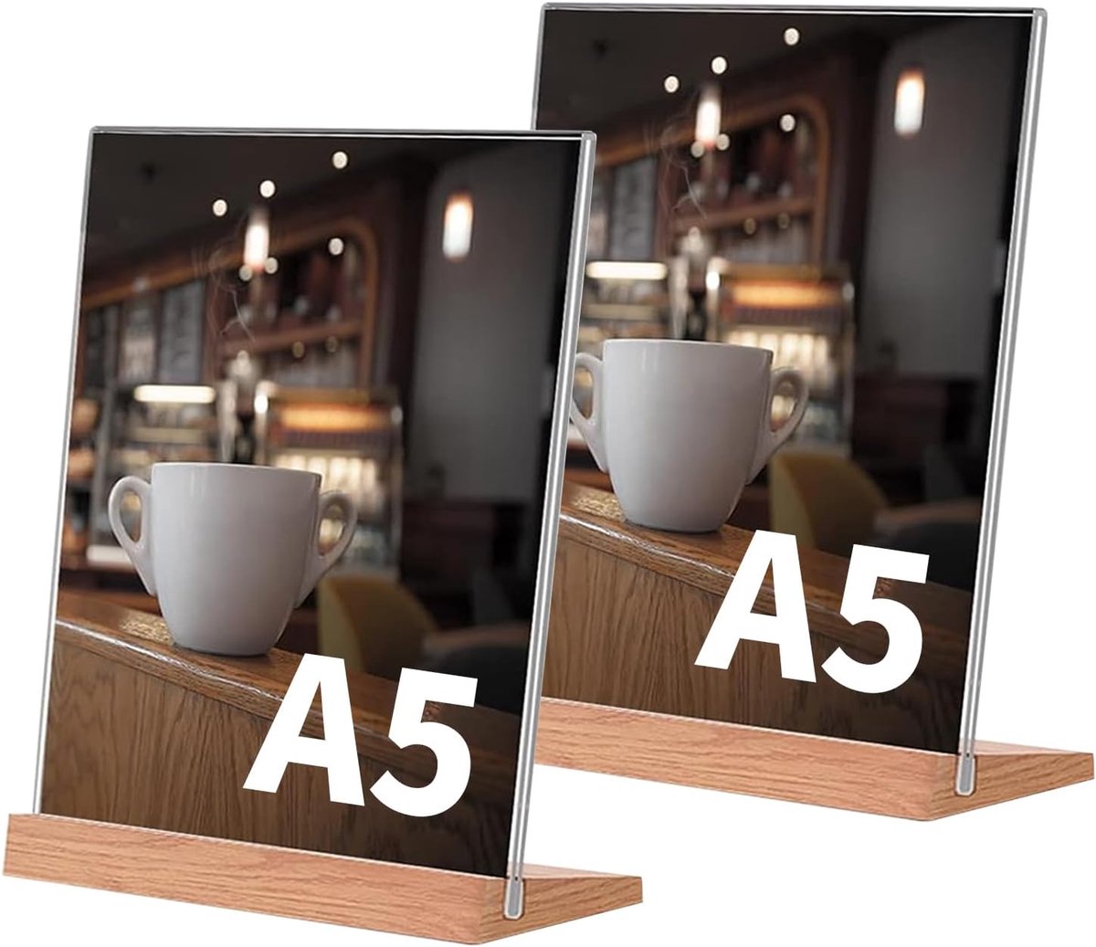 Set van 2 Tafelstandaarden A5 met Houten Voet voor Prijslijsten en Displays