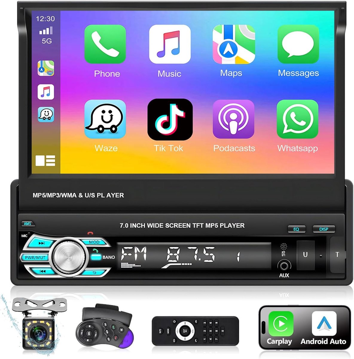 Autoradio met Scherm - Multimedia Systeem - Navigatie & Muziek - Inklapbaar 7-inch Display - 1 Din Formaat - Zwart