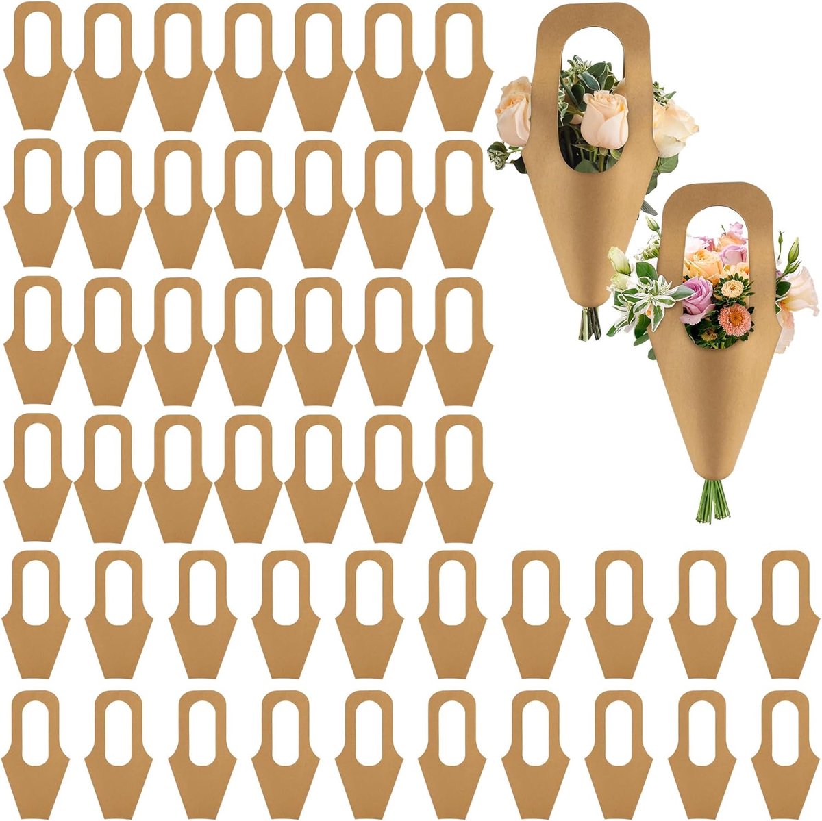 50x Kraft Bloemen Inpakpapier Zakken met Handvat - Boeket Verpakking voor Bloemist en Cadeau