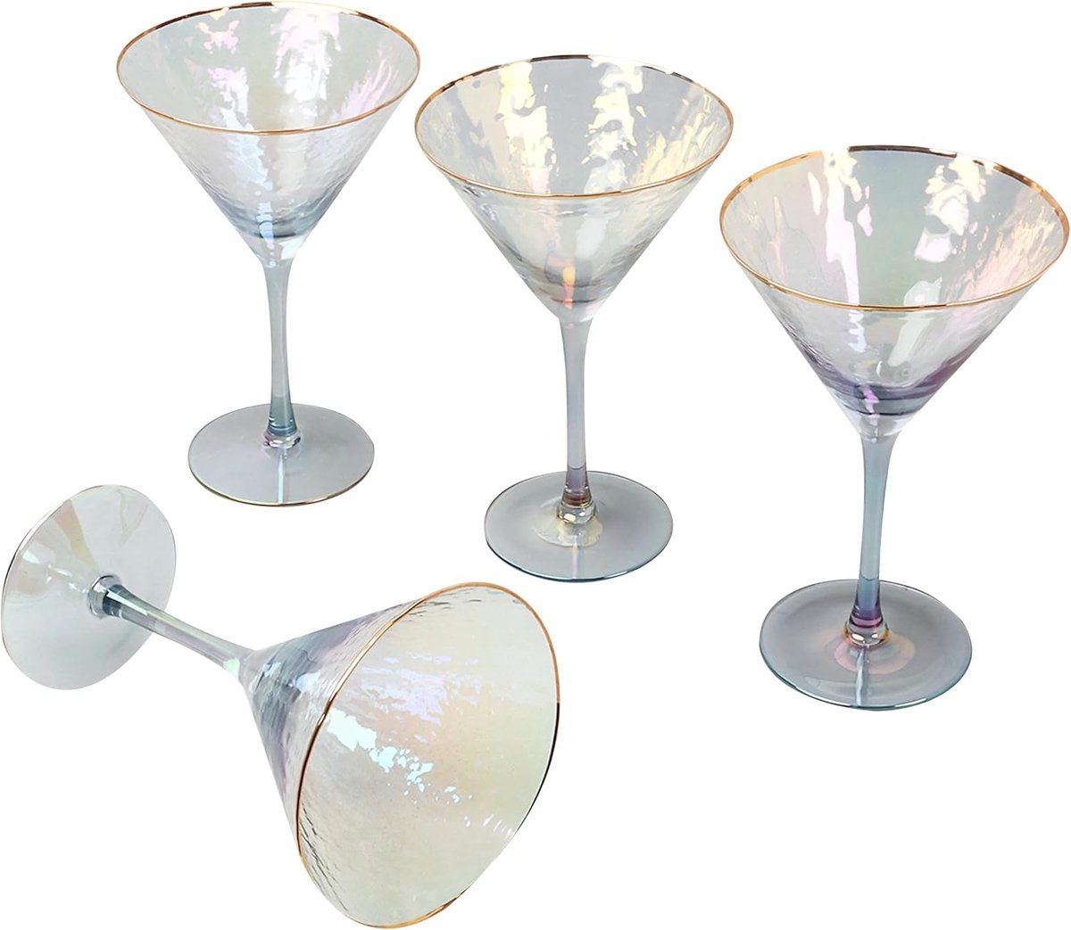 Set van 4 Martini Glazen met Iriserend Gehamerd Glas en Gouden Rand