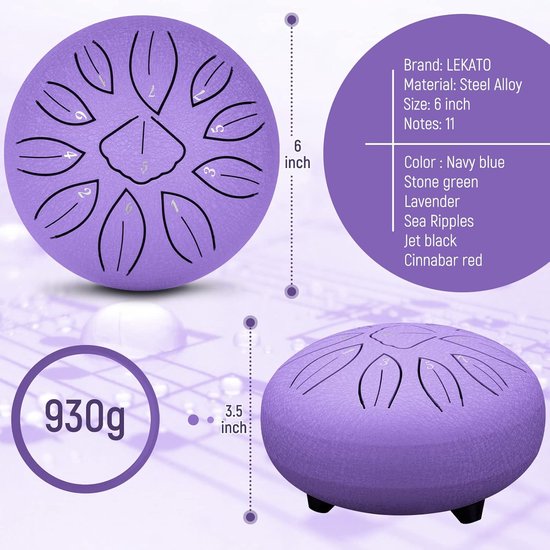 Steel Tongue Drum - Handpan Drum - Hangdrum - ( 15cm 11 Tone/Lavendel paars ) van MUSICUBE — afbeelding 4