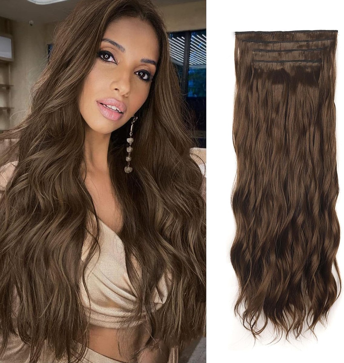 Clip-in Extensions Bruin Golvend 50 cm - Haarverlenging Synthetisch - 4 Delige Set