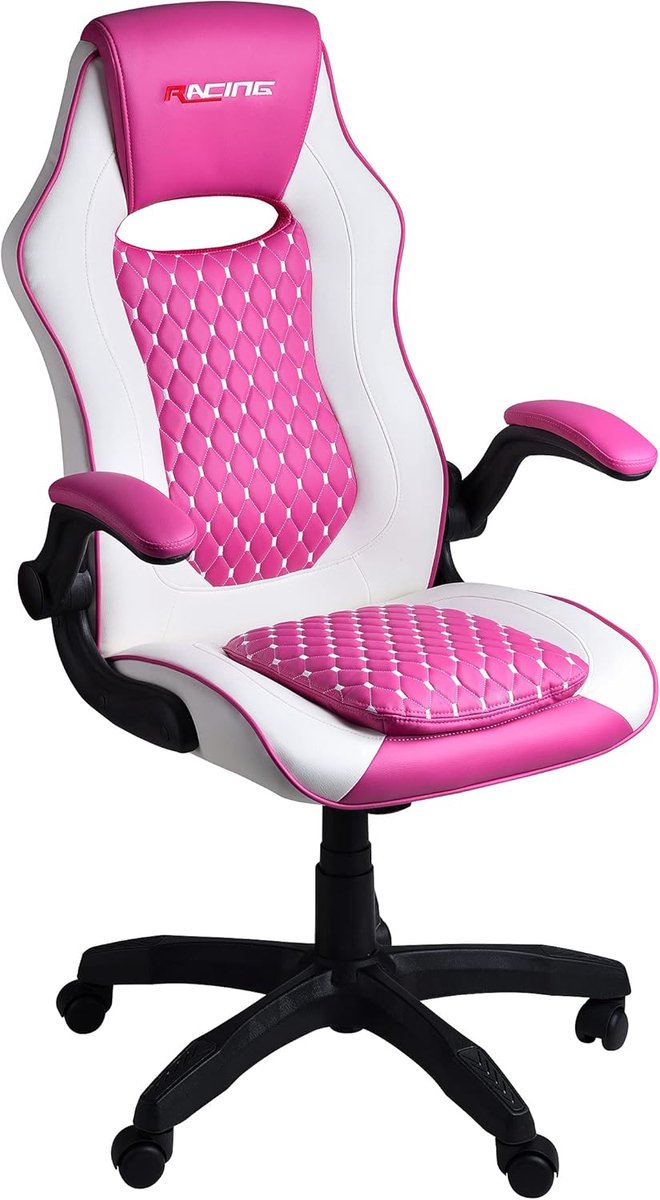Ergonomische Gaming Stoel Roze Wit met Armsteunen, Neksteun en Hoogteverstelling