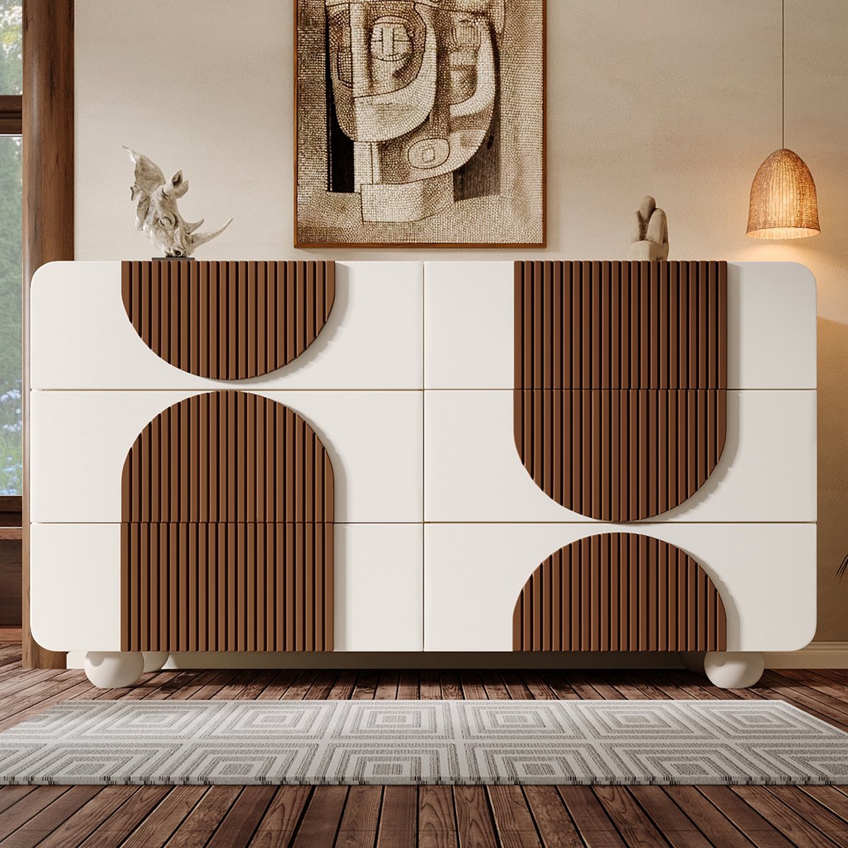 MODFU Ladekast Met 6 Laden - Gebogen Ontwerp - Dressoir Voor Woonkamer Of Hal - Hout - Wit - 121 X 41 X 71 Cm