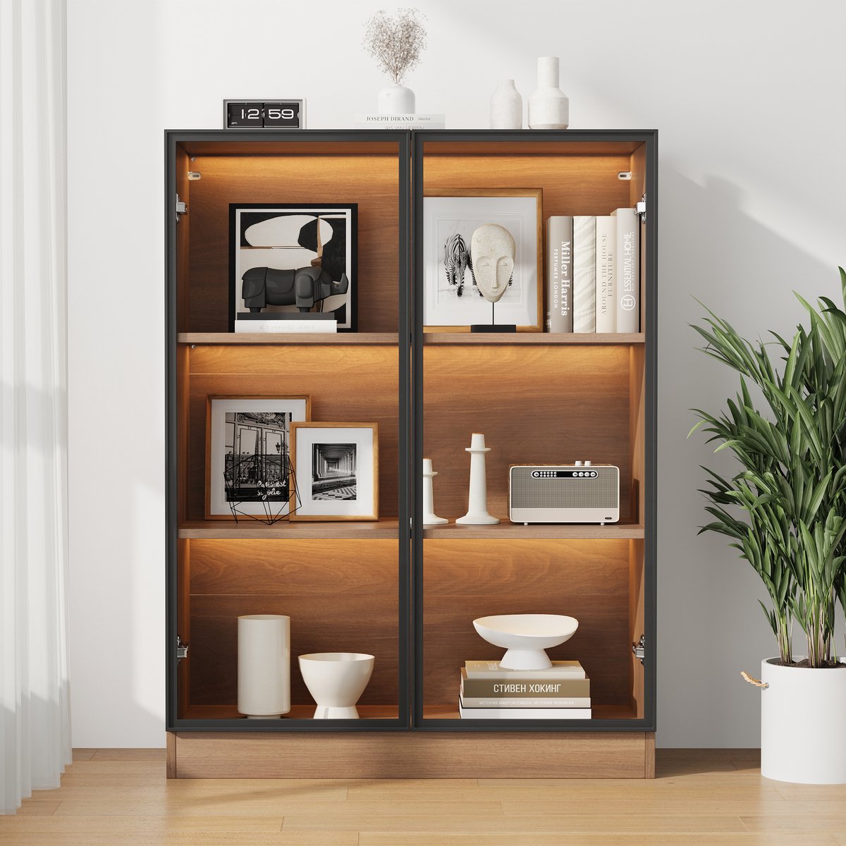 MODFU - Vitrinekast Met Verlichting En 3 Legplanken - Modern - Glas En Spaanplaat - Natuurlijk Walnoot - 80 x 30 x 106 cm