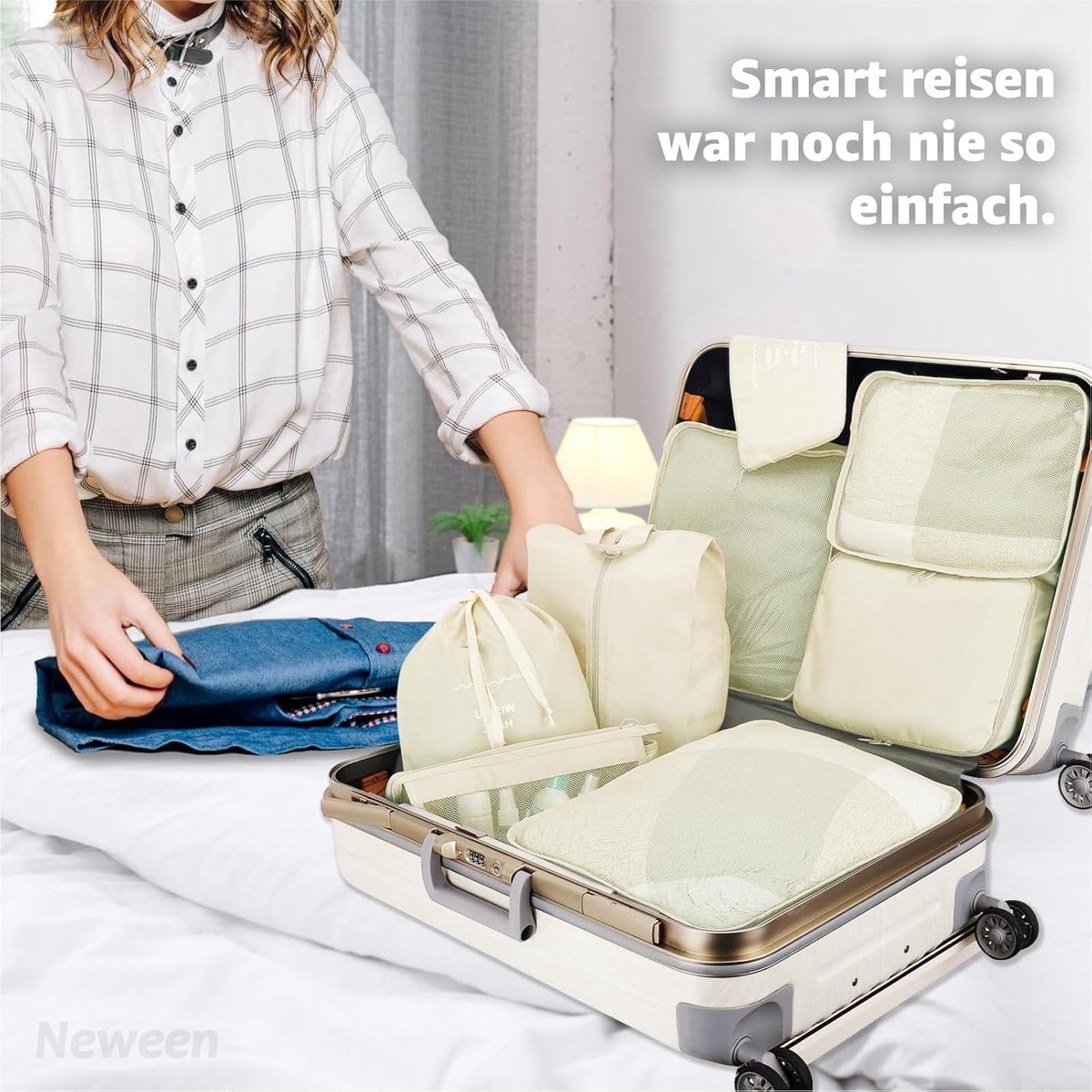 Set van 8 Reiskoffers Organizers - Inclusief Make-up Tas & Pakzakken (Beige)