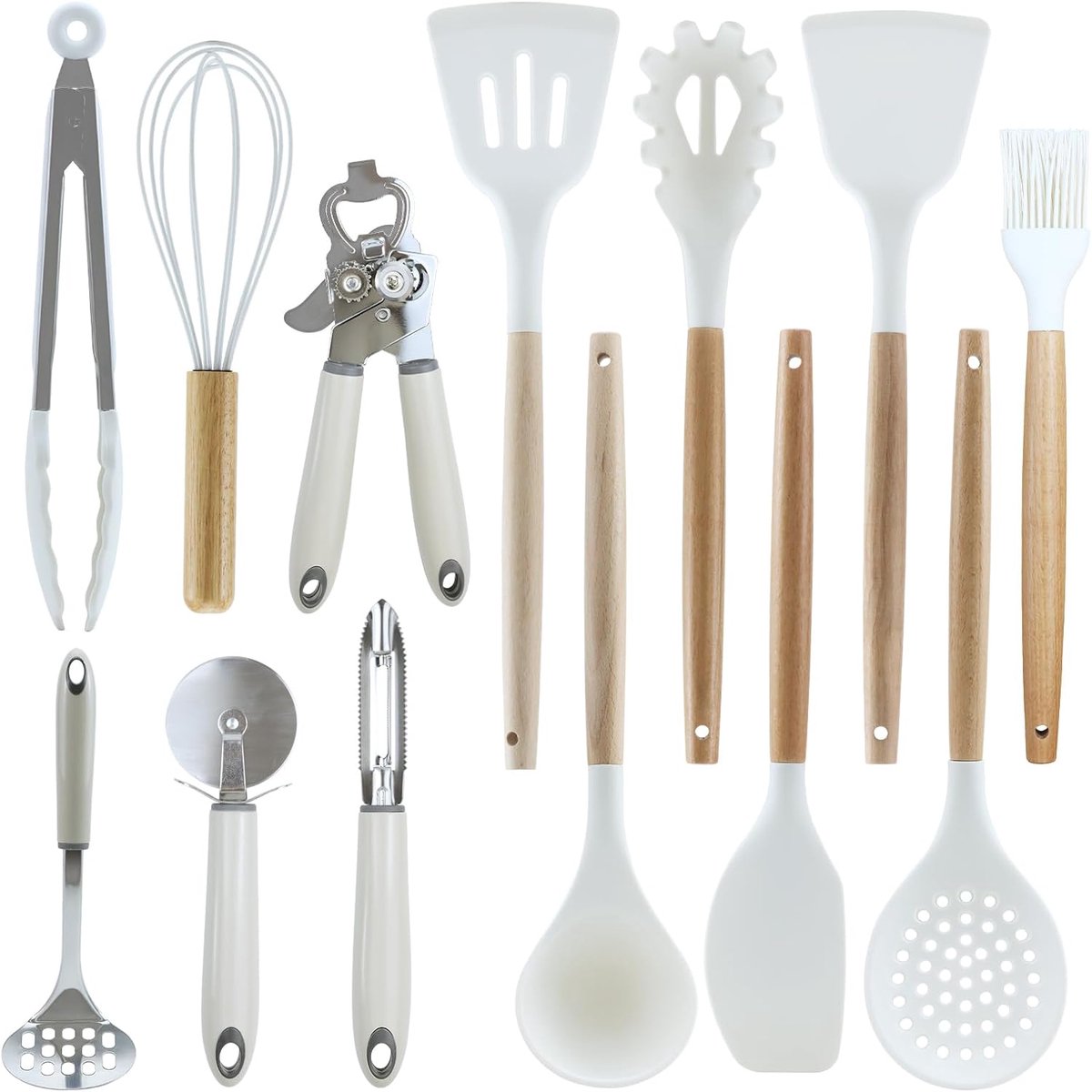 Complete Houten Keukengerei Set met Siliconen Kookgereedschap en RVS Accessoires