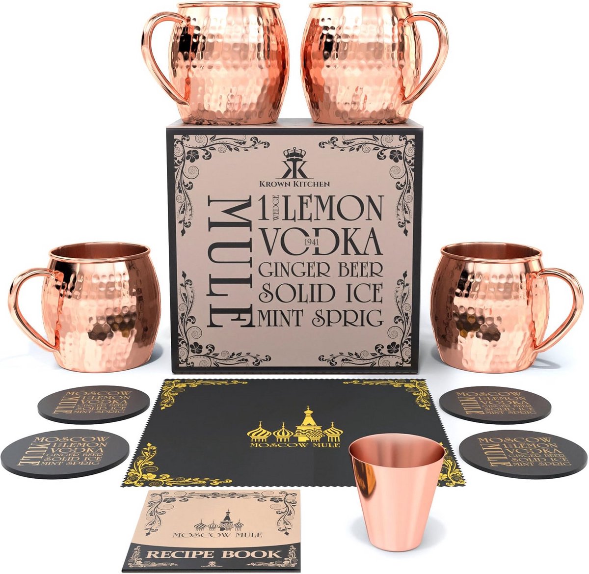 Koperen Bekers - Gehamerde Mokken - Moscow Mule - Set van 4 - 16oz - Goud