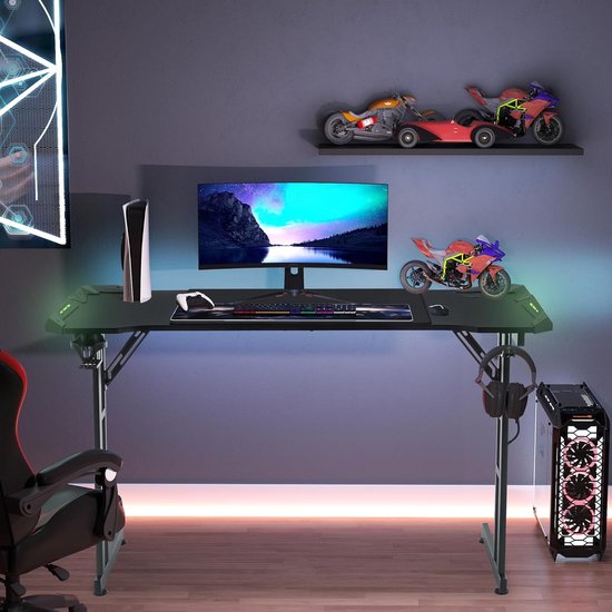 Ruime Gamingtafel met LED-Verlichting, Koptelefoonhaak en Bekerhouder — afbeelding 3