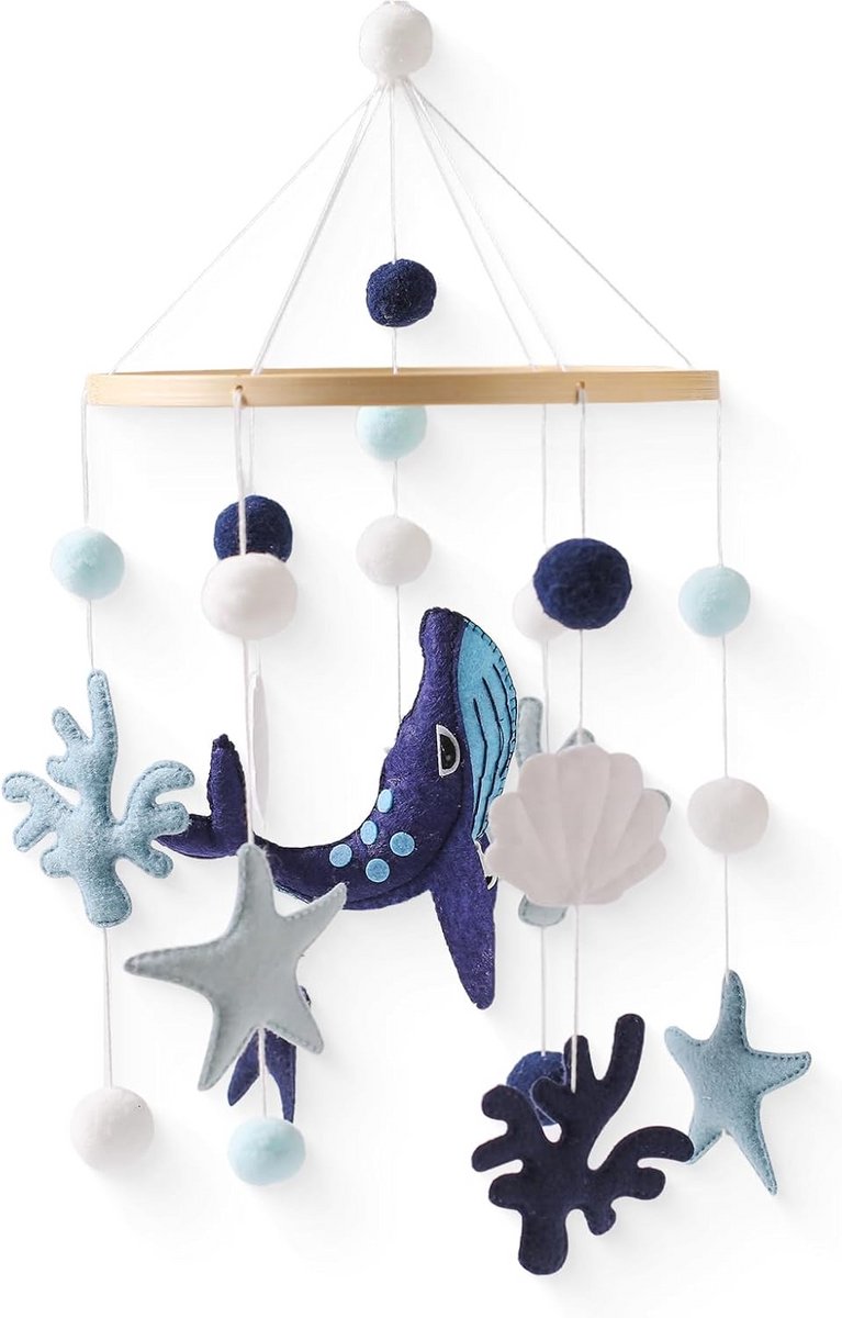 Houten Baby Mobiel met Walvis en Ballen - Beddecoratie & Kraamcadeau