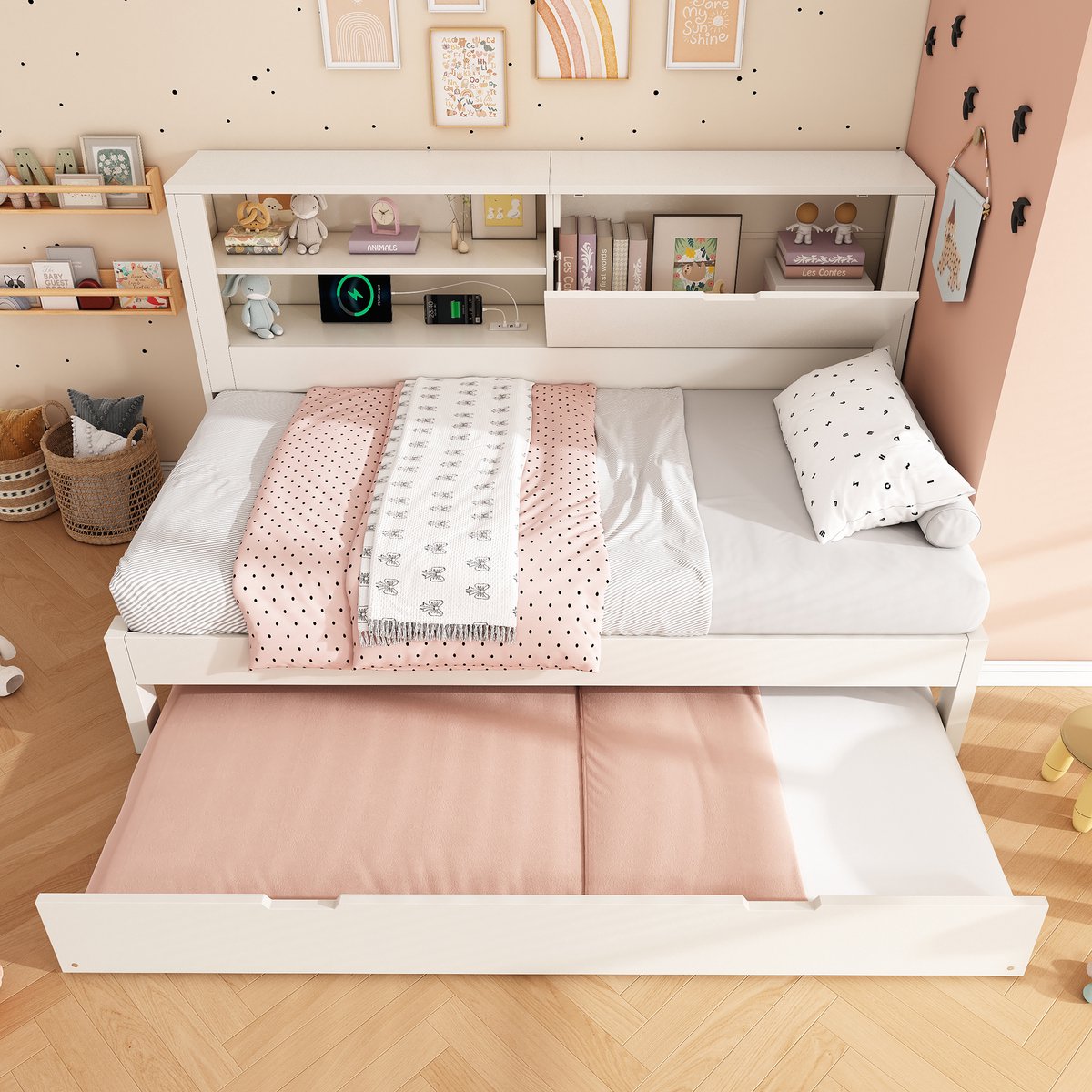 MIVRAY Slaapbankbed 90x190cm - Eenpersoonsbed Met Uitschuifbed En Opbergrugwand Met USB Laadpunten - Zonder Matras - Hout - Wit