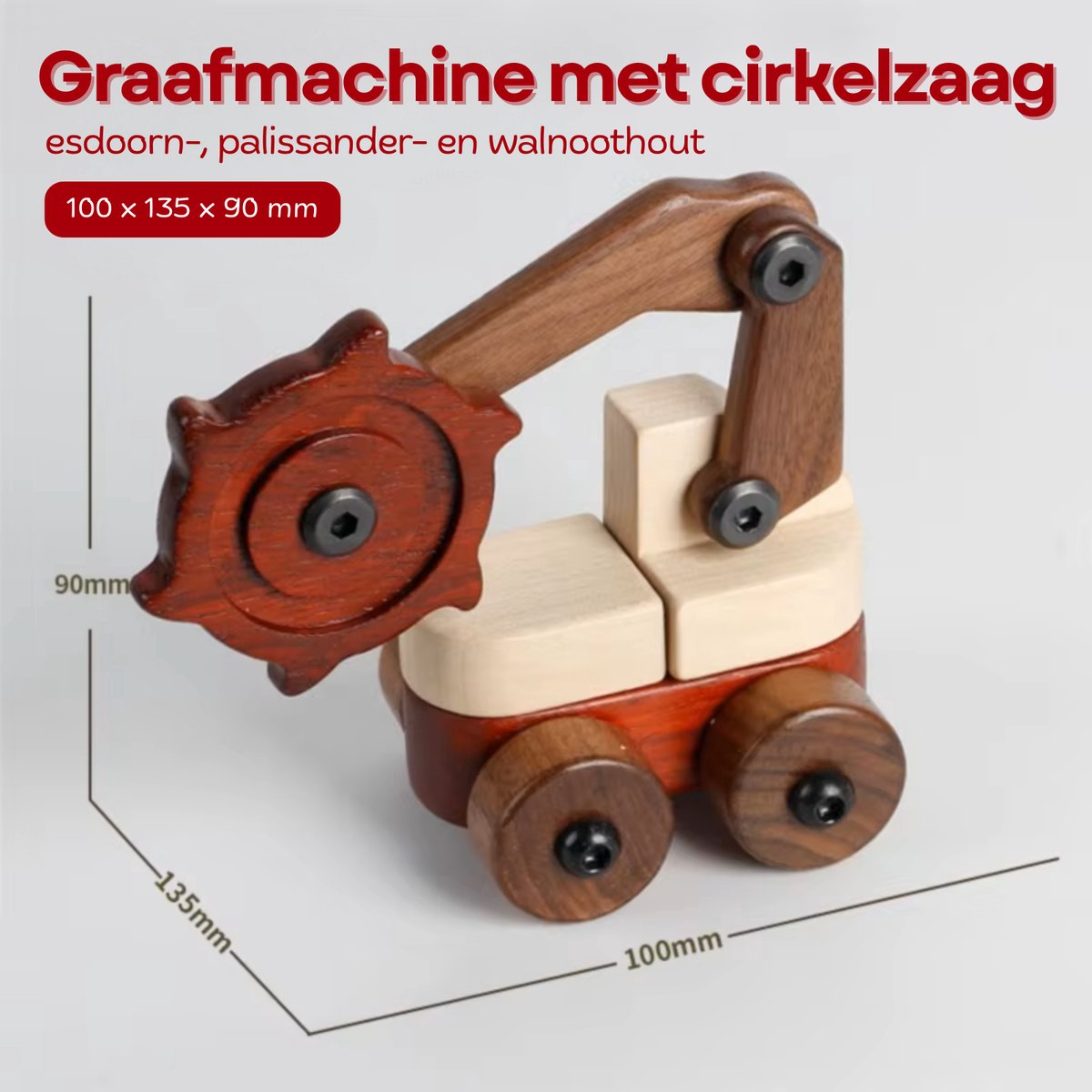 Houten Graafmachine met Cirkelzaag Speelgoed – Houten Voertuigen gemaakt van Massief Esdoorn-, Palissander-, en Walnoothout – Natuurlijke Afwerking – Vanaf 3 Jaar
