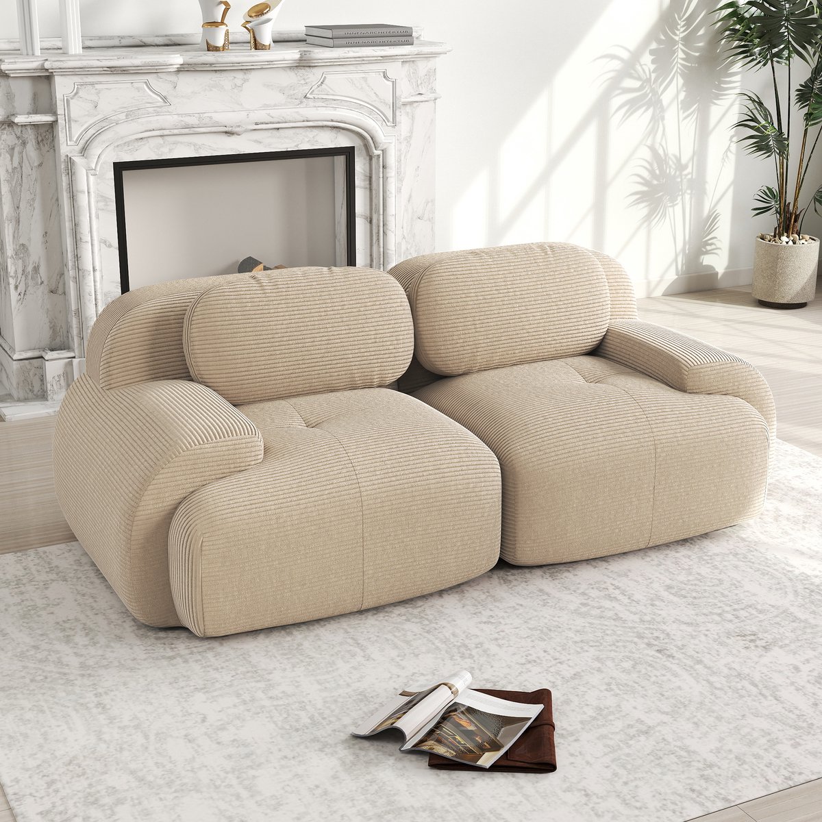 HAUSS SPOLE Modulaire Hoekbank 208 Cm - Flexibel Te Combineren - Gebogen Armleuningen - Antislip Onderzijde - Corduroy Beige