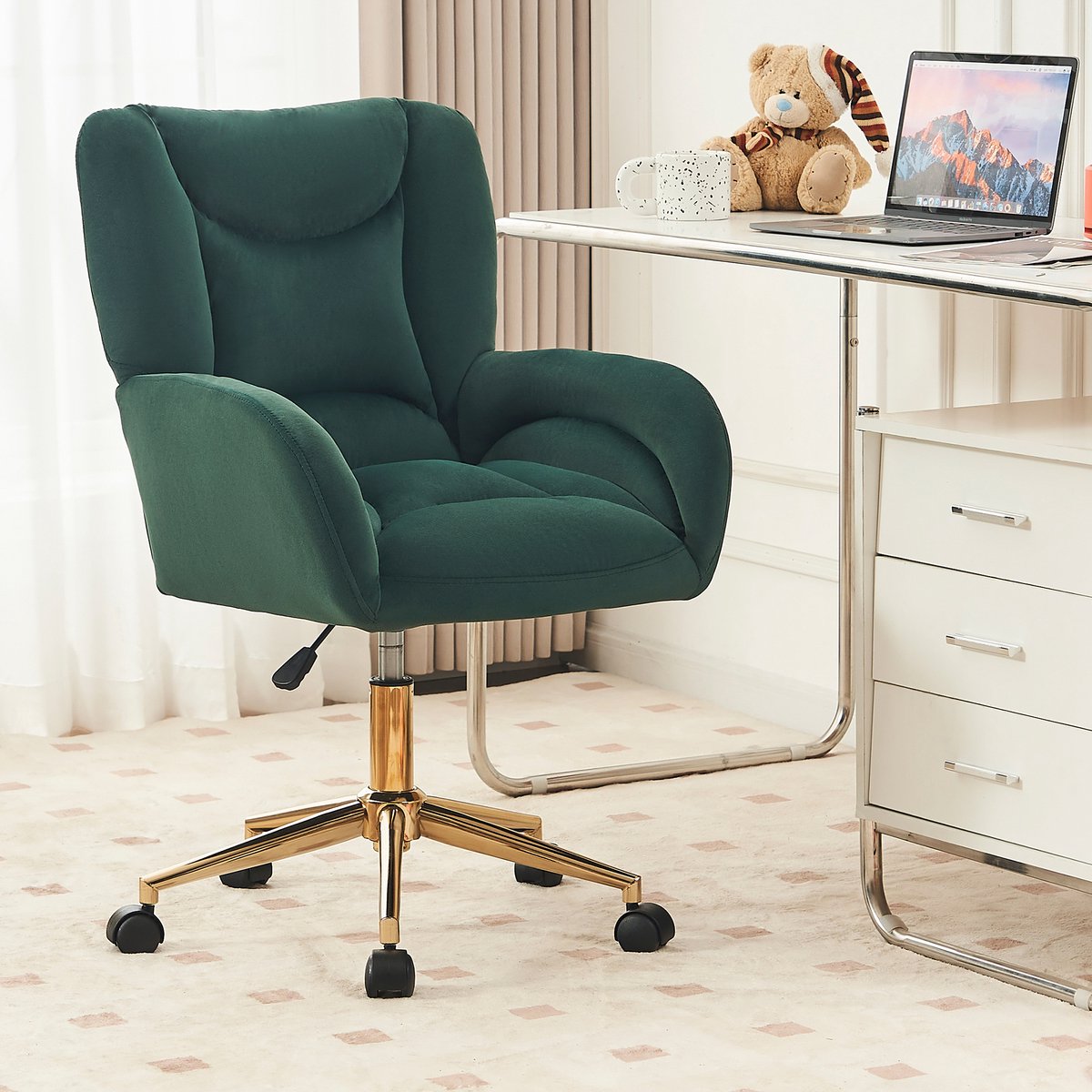 HAUSS SPOLE Bureaustoel – Verstelbare Draaistoel – 360° Met Wieltjes & Ergonomische Rugleuning – 64x62x92,5 cm – Fluweel Groen