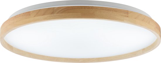 Ronde plafondlamp met een witte diffuser en een houten rand.