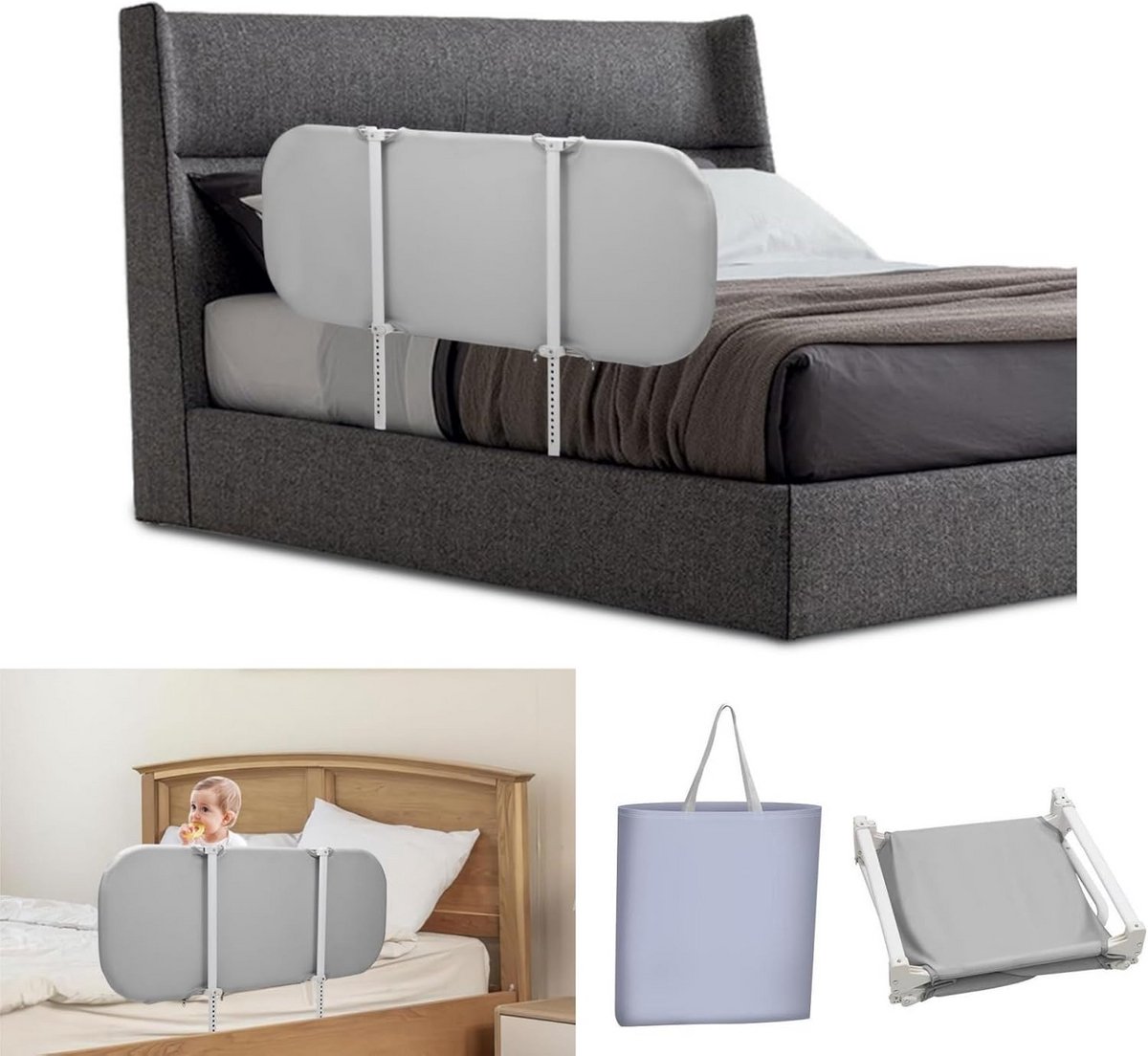 Inklapbaar Bedhek voor Kinderen - Verstelbaar en Snelle Montage - Valbescherming voor Babybed - 120 cm - Grijs