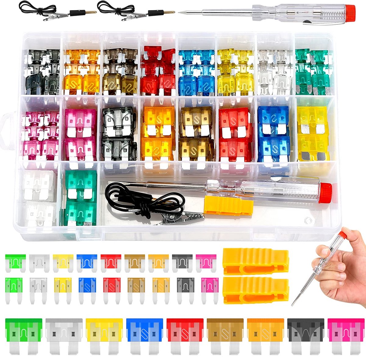 Assortiment Fuseset 306 Stuks voor Auto en Boot - Vervangbladen Standaard, Mini en Laag Profiel - Diverse Ampères van 2A tot 35A inclusief Fuse Solver
