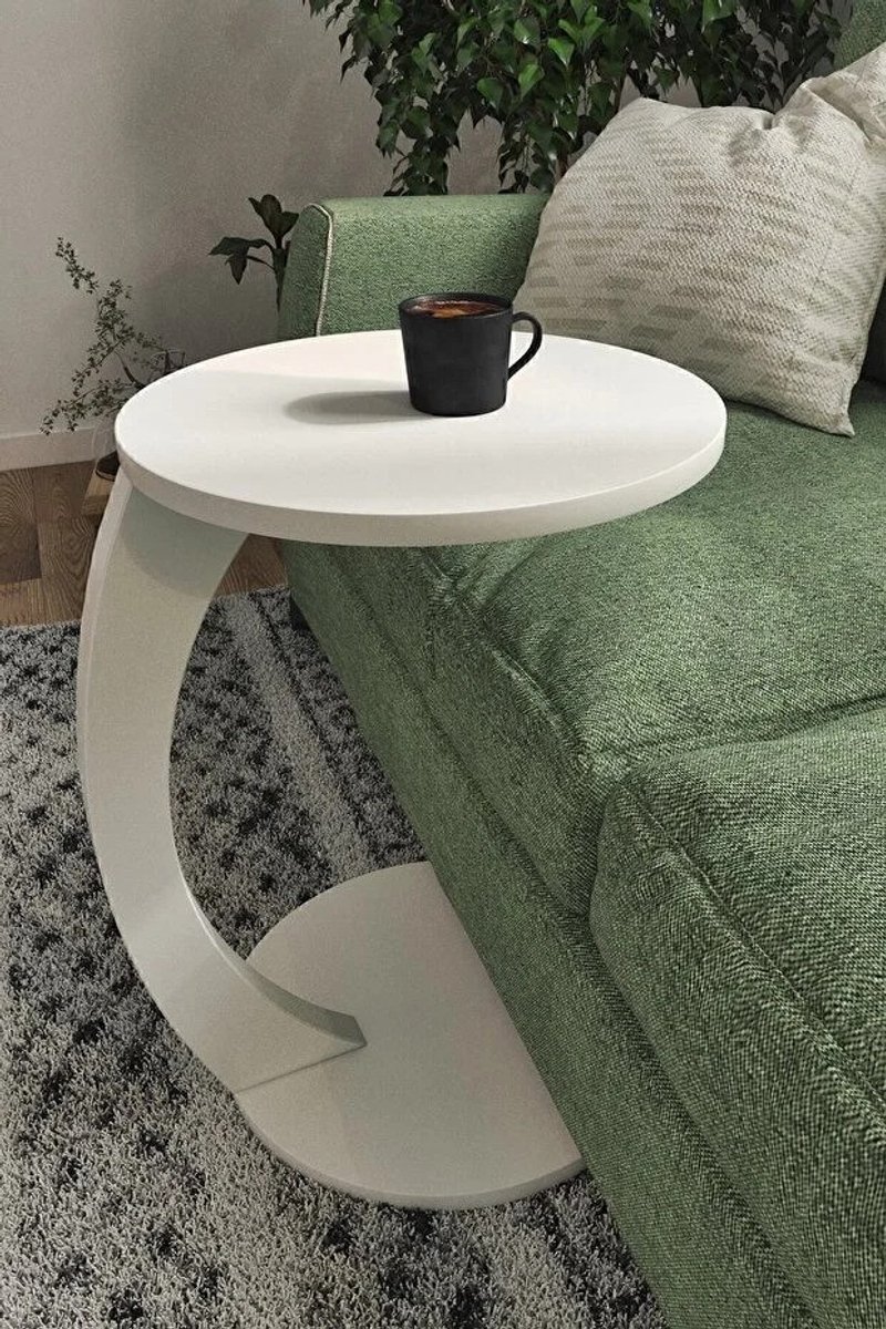 Zeo Wood® - Bijzettafel - Bijzettafel met wielen - Bedtafeltje met Wielen - Tafeltje op Wieltjes - Ronde Bijzettafel - Wit