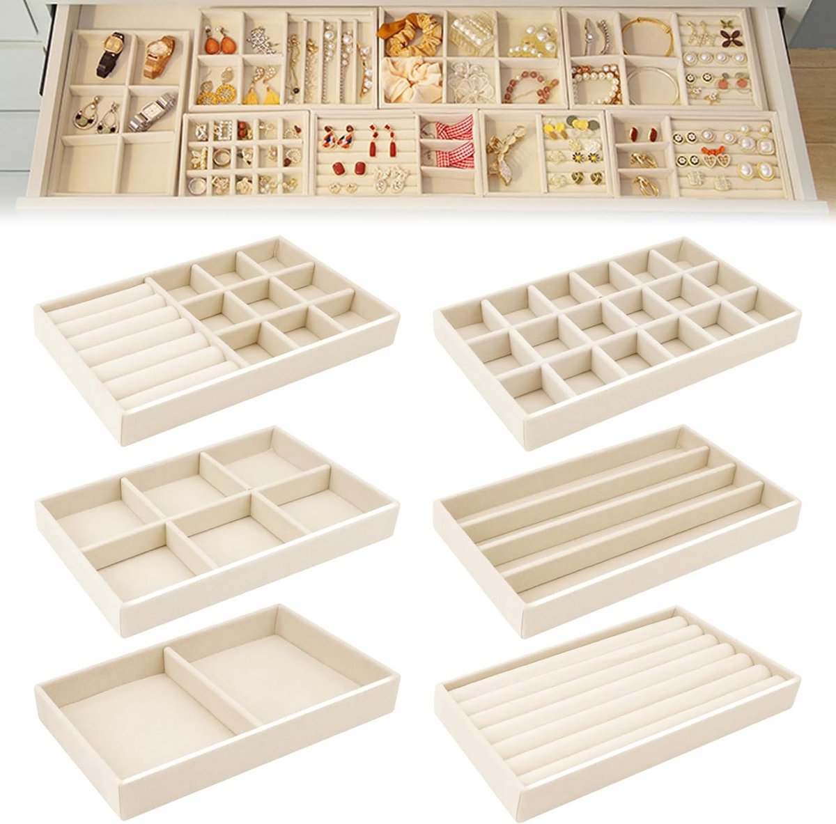 Sieradendienblad van fluweel - Stapelbare sieradenorganizer voor lade - Sieradenopslag voor oorbellen, ringen, armbanden en halskettingen