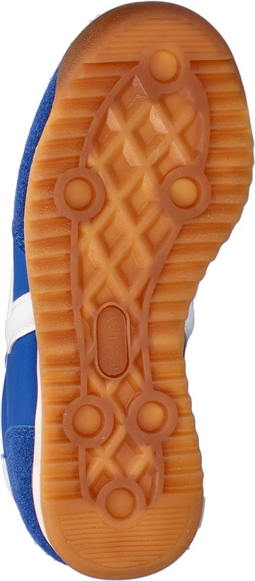 Zool van kobaltblauwe Replay sneaker met bruine rubberen zool en "REPLAY" in het midden.