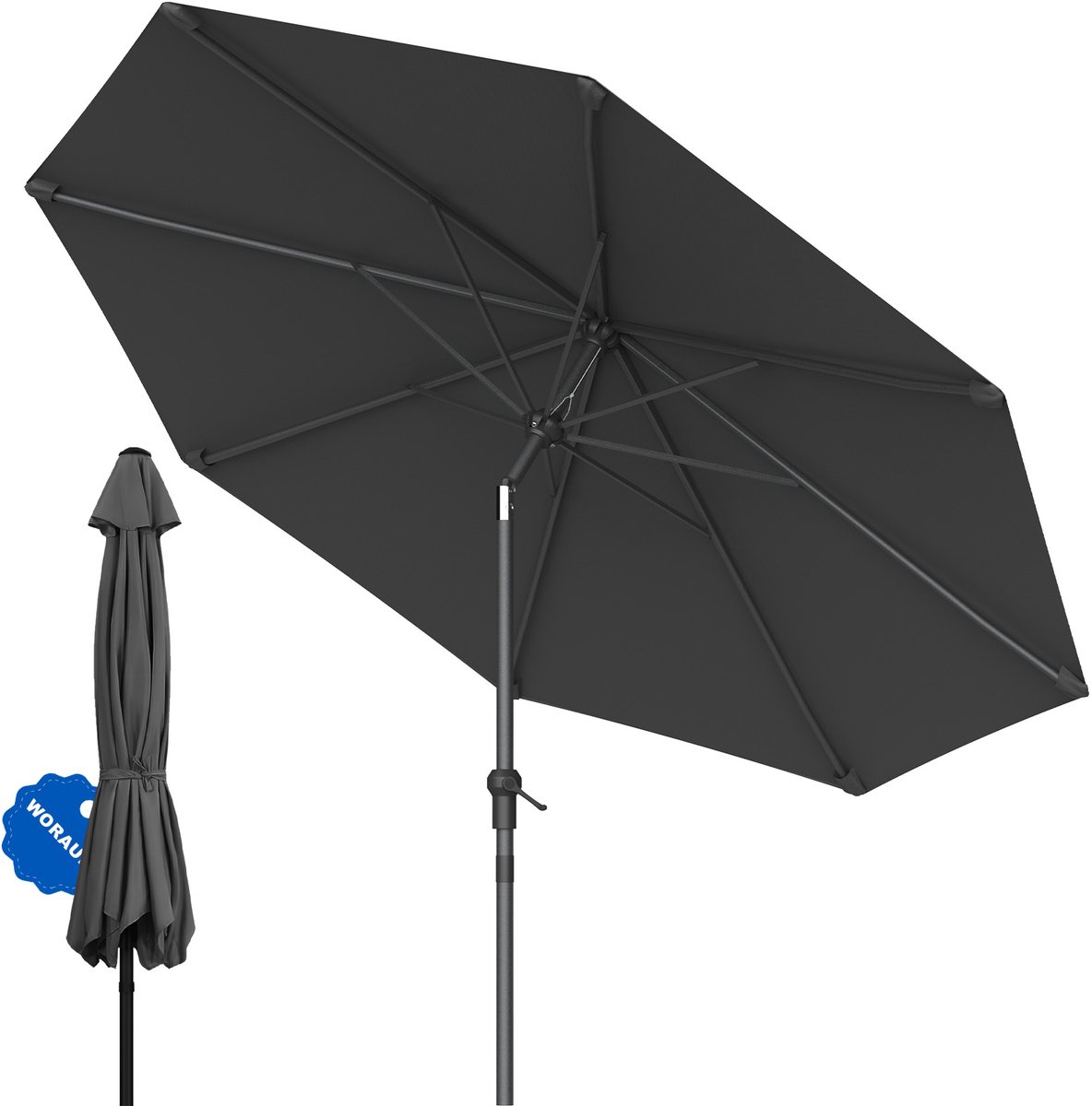 Soontrans - Parasol 300 cm-Tuinparasol met Kantelbaar -Balkonparasol UPF 50+ - Stokparasol 38 mm, Draagbare Terrasparasol - Marktparasol Waterdicht - Strandparasol - Slingerparasol voor Terrassen, Balkons en Zwembaden - Donkergrijs