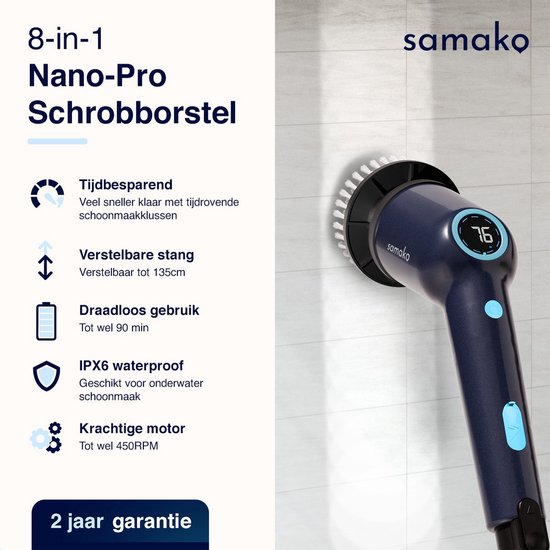 Samako schrobborstel met steel, LED display toont 76, tekst "8-in-1 Nano-Pro Schrobborstel".