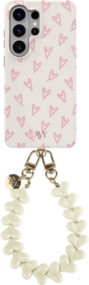 AVY Hoesje Met Telefoonkoord | Geschikt voor Samsung Galaxy S26 Ultra | Compatibel met MagSafe & Qi2 | Hard Shell Back Cover | Stijlvol Bijpassend Koord Polsbandje (30CM) | Lovely Hearts