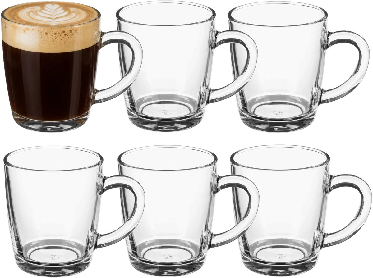 5Five Koffie glazen / Thee glazen - met oor - 6x stuks - transparant glas - 345 ml
