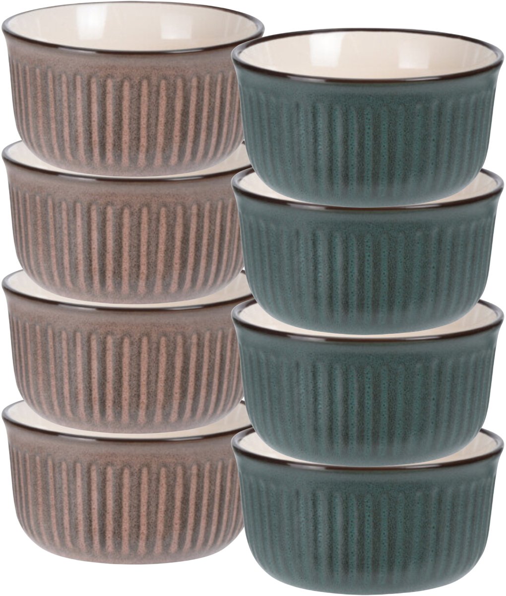 Soepkom Striped - set 8x - bruin / groen - 14 x 7 cm - keramiek - kommetjes - 500 ml