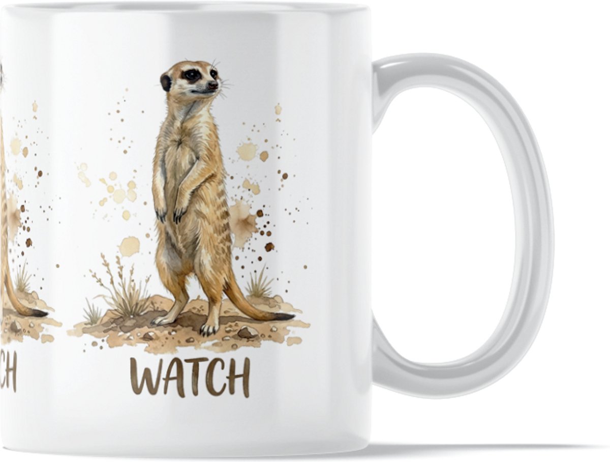 Mok Stokstaartje Watch - "Aquarel Series" - Grappig Cadeau voor Haar: Vrouw, Vriendin of Collega - Stokstaartjes - Koffiebeker Kantoor Alertheid - Nieuwsgierige Collega Beker - Bureau Humor Dieren - Originele Beker Werkplek - Dierencadeau Vrouwen
