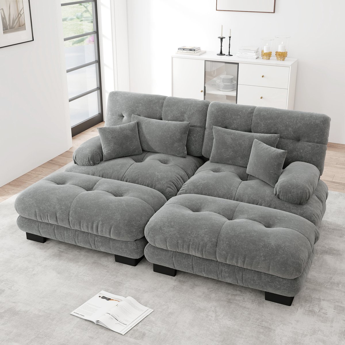 HAUSS SPOLE Hoekbank Modulaire Sofa Met 2 Ottomans - Diepe Zitting Met Brede Armleuningen En Kussens - Voor Woonkamer En Kantoor - Chenille Grijs