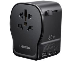UGREEN 65W GaN Reisadapter voor 200+ landen. Met 4-in-1 stekkers (EU/UK/US/AU), USB-C/A-poorten. Compact en veilig design. Jouw ideale reisgezel voor werk of vakantie