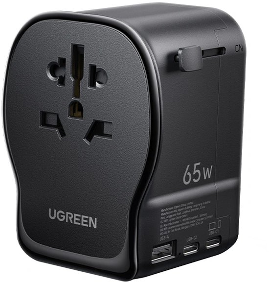 UGREEN 65W GaN Reisadapter voor 200+ landen. Met 4-in-1 stekkers (EU/UK/US/AU), USB-C/A-poorten. Compact en veilig design. Jouw ideale reisgezel voor werk of vakantie