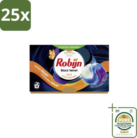 25 x Robijn Wascapsules 3-in1 Black Velvet 15 stuks per verpakking - Grootverpakking - Zwarte Was - Zwart Kleding - Kleurbehoud - Wascapsules - Black Serum