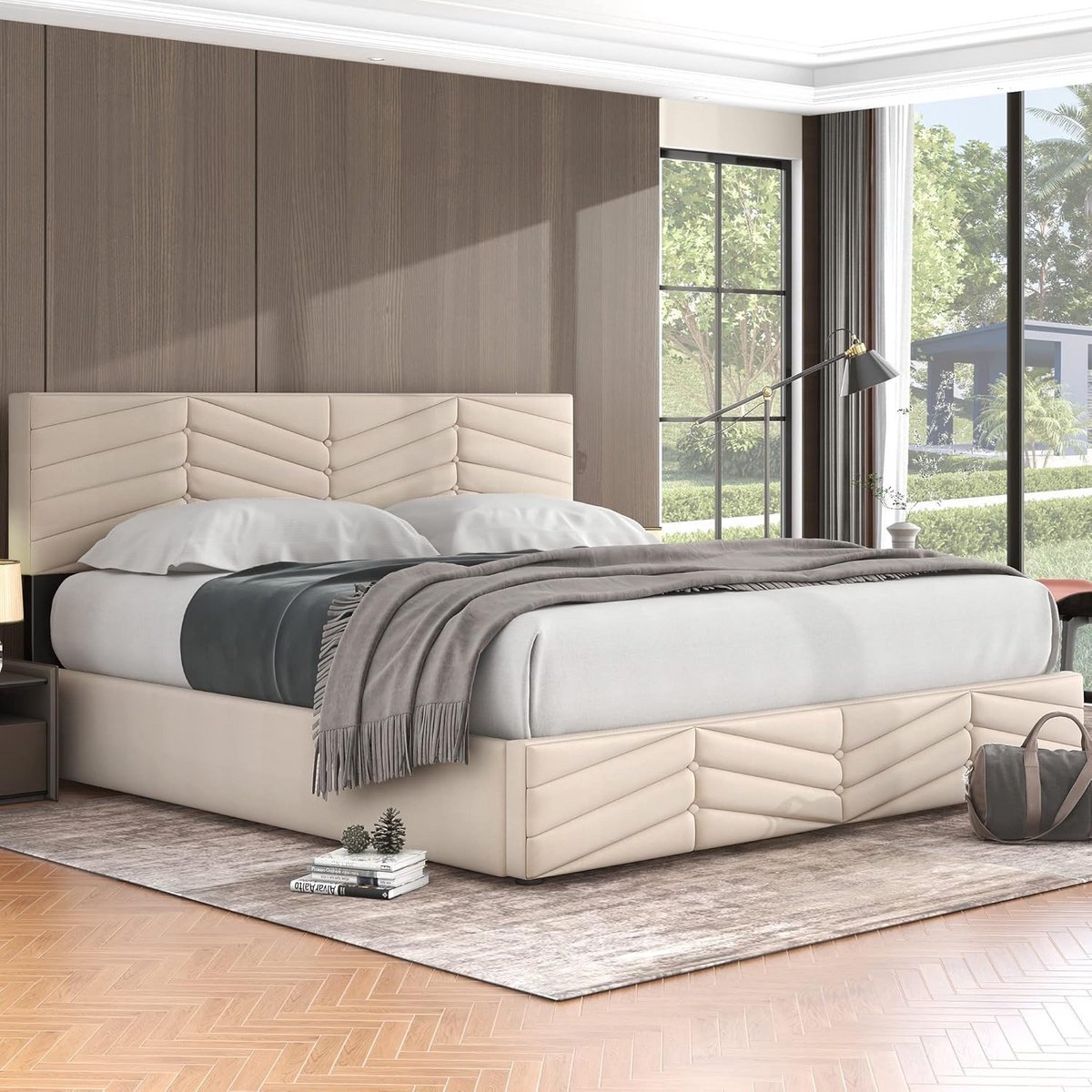 Gestoffeerd Tweepersoonsbed 180x200 cm met Opbergruimte en Verstelbaar Hoofdeinde Beige