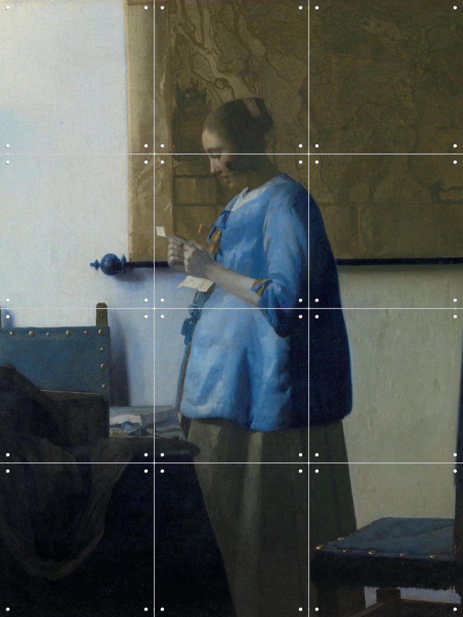 IXXI Brieflezende vrouw in het blauw, Johannes Vermeer & Rijksmuseum - 60 x 80 cm - Gratis ophangtool - Grote wanddecoratie en posters - Olieverf