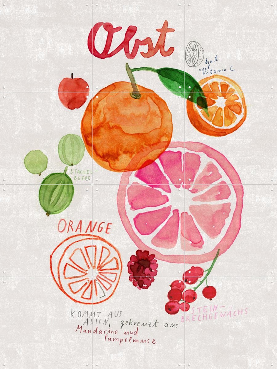 IXXI Obst, Signorinah - 60 x 80 cm - Gratis ophangtool - Grote wanddecoratie en posters - Aquarel, Speels, Illustraties, Kleurrijk, Eetkamer, Keuken
