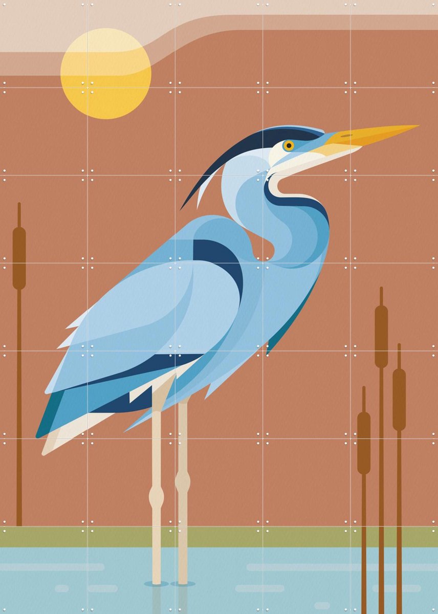 IXXI Blauwe Reiger, Elke Uijtewaal - 100 x 140 cm - Gratis ophangtool - Grote wanddecoratie en posters - Kleurrijk, Grafisch Ontwerp, Geometrische