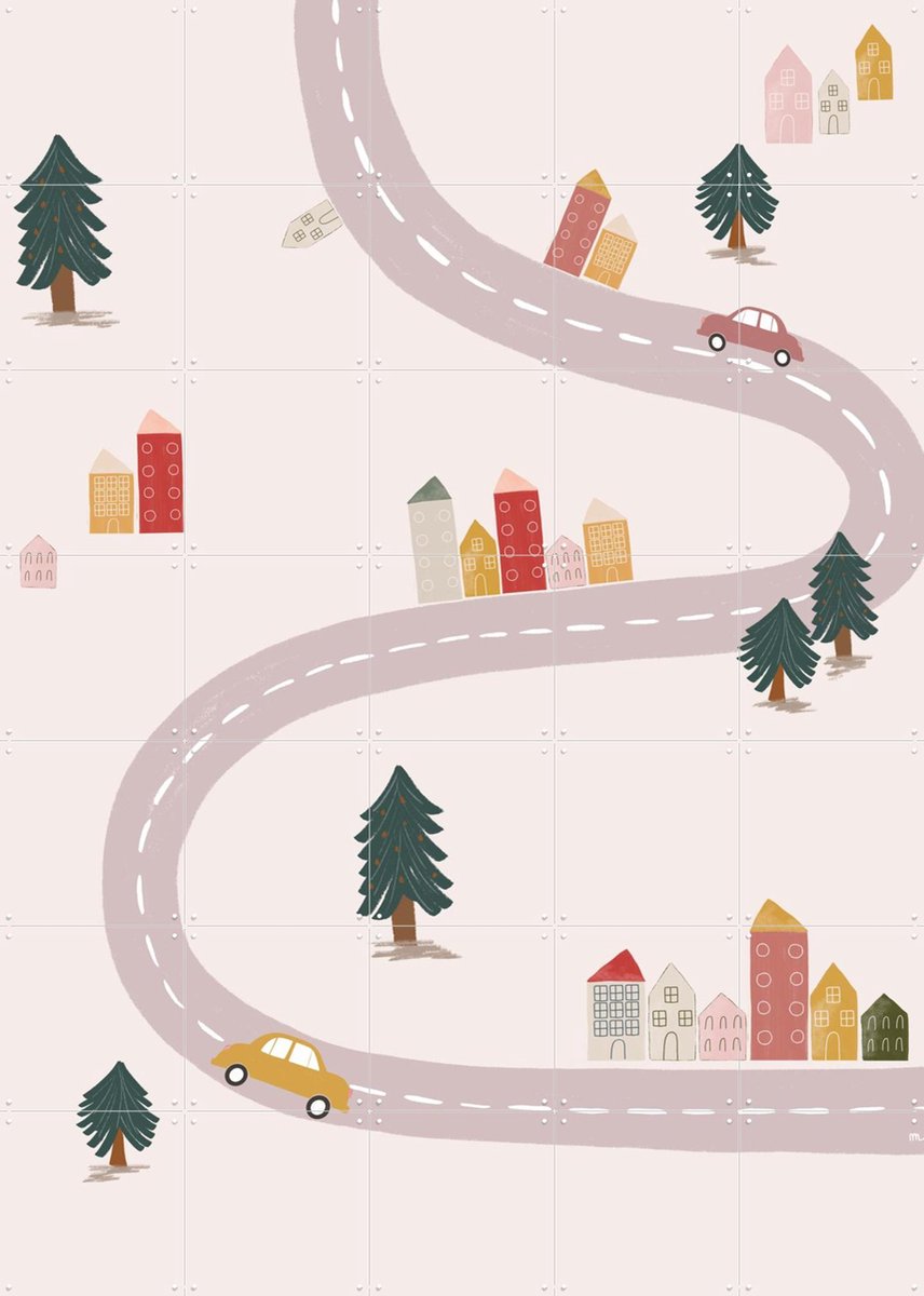 IXXI Pink Village, Menina Lisboa & Various - 100 x 140 cm - Gratis ophangtool - Grote wanddecoratie en posters - Fantasierijk, Speels, Illustraties