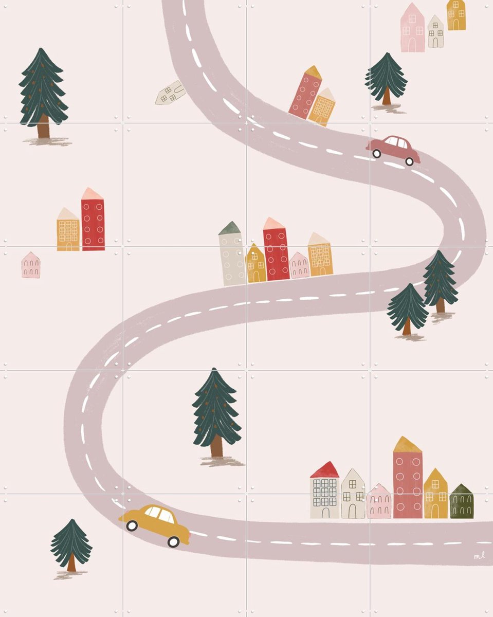 IXXI Pink Village, Menina Lisboa & Various - 80 x 100 cm - Gratis ophangtool - Grote wanddecoratie en posters - Fantasierijk, Speels, Illustraties