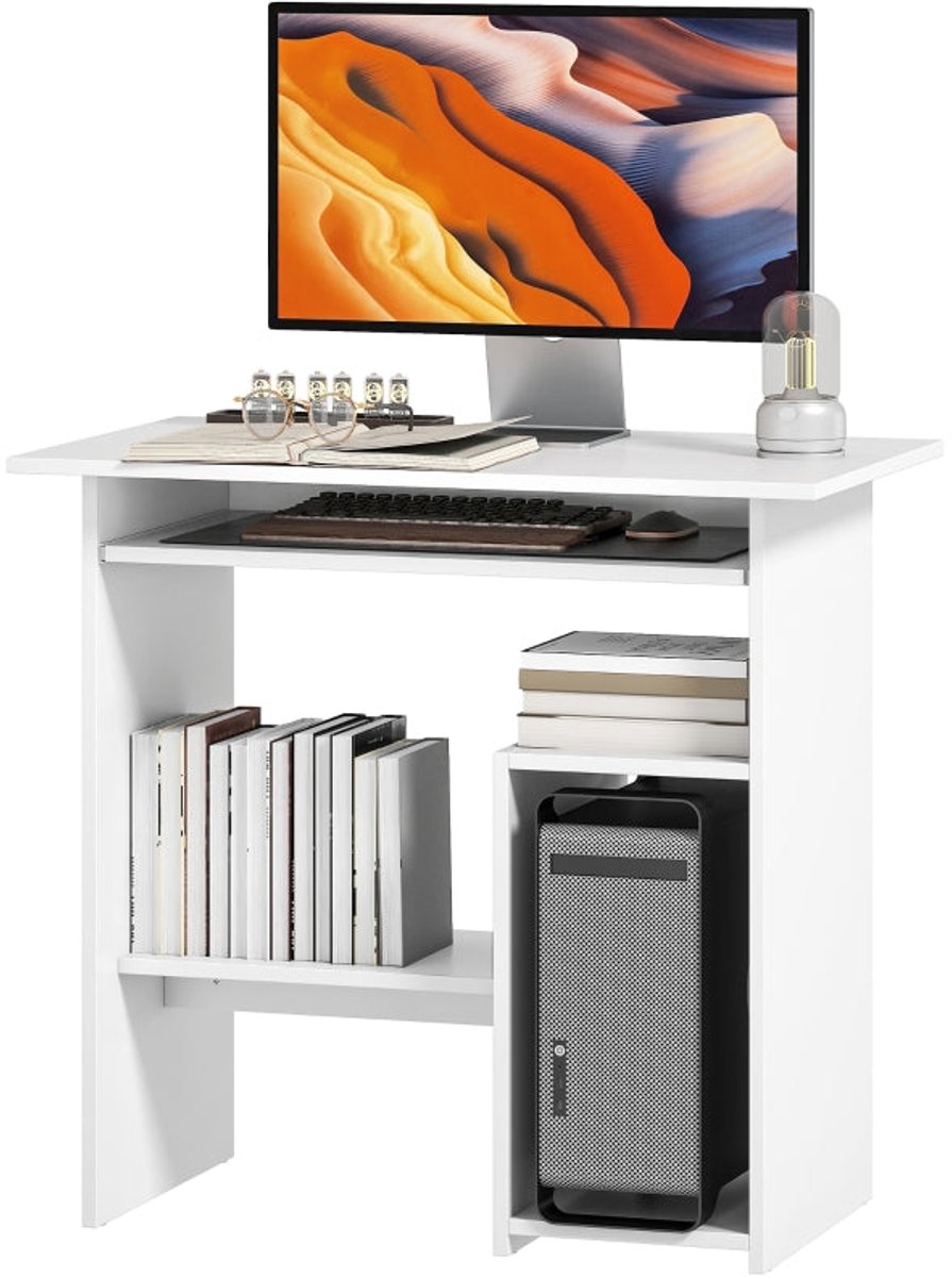 Merax Compact Bureau 80x45 cm – Computertafel met Uitschuifbare Toetsenbordlade - Open Vakken & Planken – PC-bureau voor Thuiswerkplek/Slaapkamer – Wit