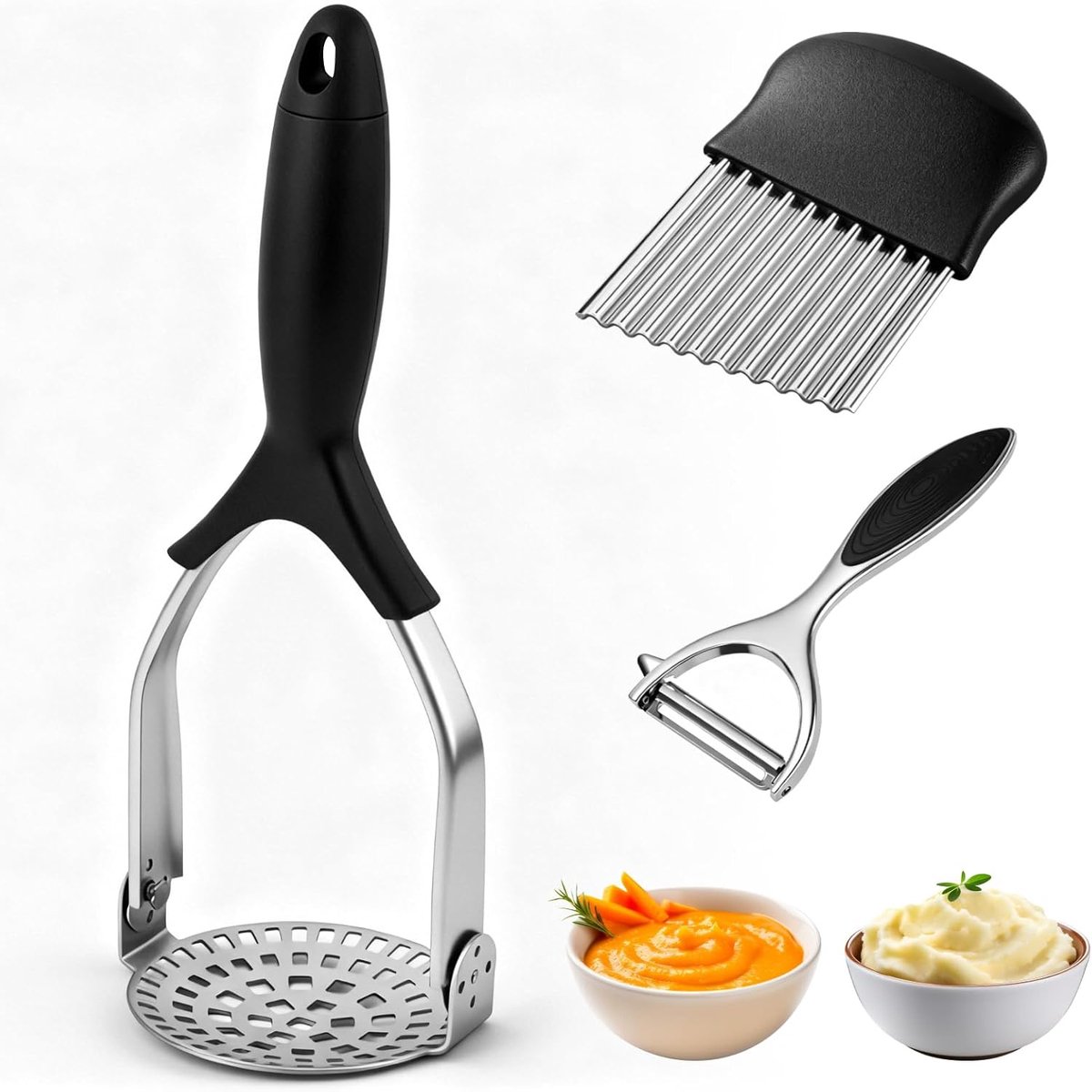 Aardappelstamper Set - Keuken Gereedschap - Zacht Koken - Ergonomische Handgreep - 3 Stuks