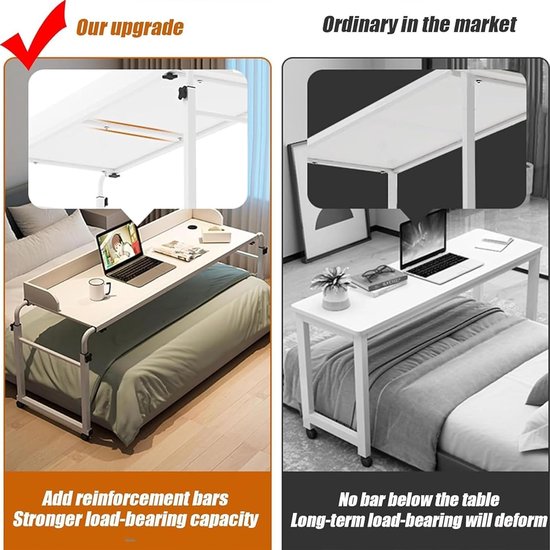 Bedtafel Op Wielen - Laptoptafel Werkplek - Thuiswerken Eten - Verstelbare Hoogte Breedte - 45x65-95cm - Wit — afbeelding 4