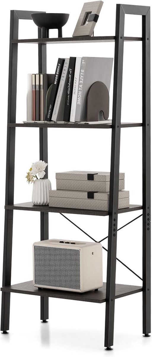 Boekenkast Ladderrek - Staand Opbergrek - Woonkamer Organiseren - Met Kantelbeveiliging - 56 x 34 x 138 cm - Bruin