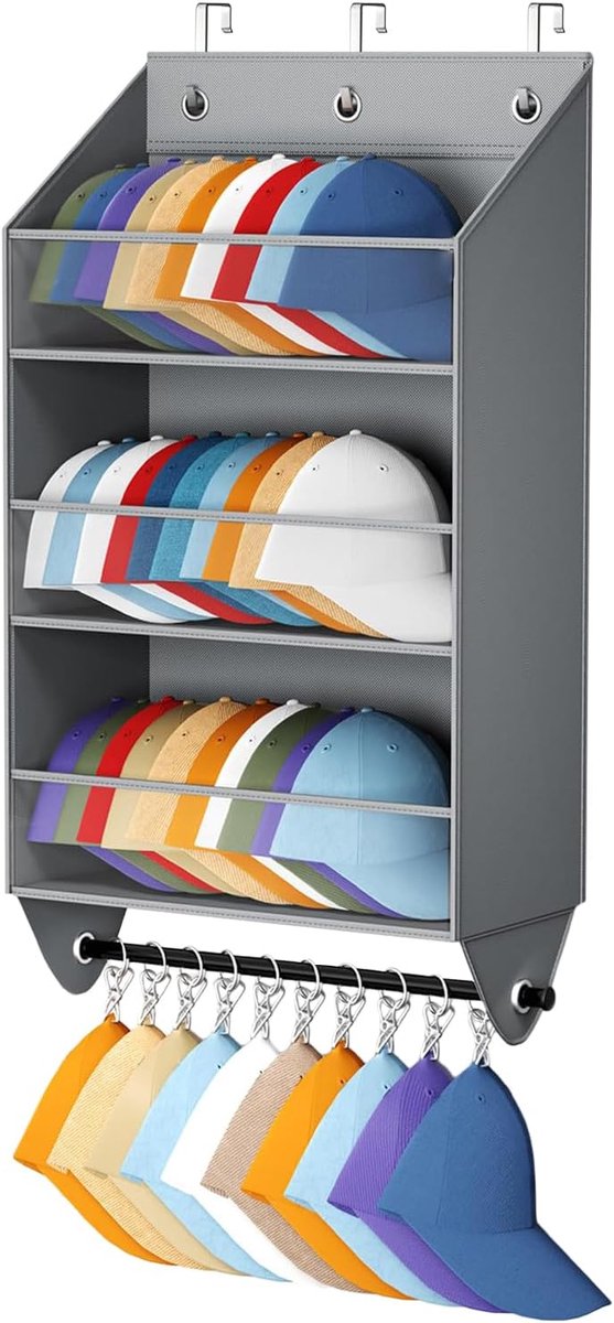 Petten Organizer - Hoedenrek - Deur Opslag - Drielaags Ontwerp - 78cm Hoog - Grijs