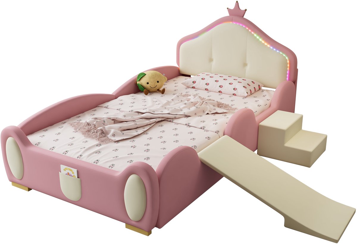 Merax Kinderbed 90x200 - Kunstleer Gestoffeerd - LED Verlichting met Afstandsbediening - Met Glijbaan en Trap - Houten Lattenbodem - Roze Beige