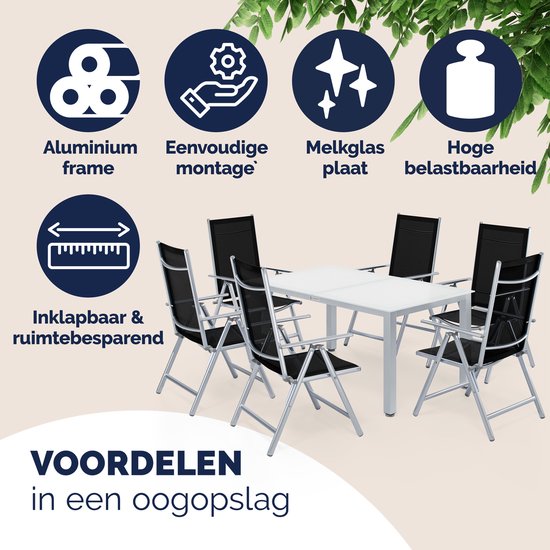 Voordelen van de Casaria tuinset: aluminium frame, eenvoudig, melkglas, hoge belasting, inklapbaar.